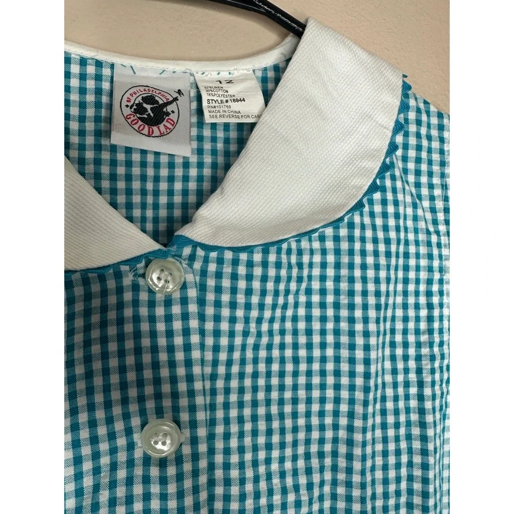 Good Lad VTG Linen Girls Blue Gingham Butterfly Flower Embroidered Dress 12 boho